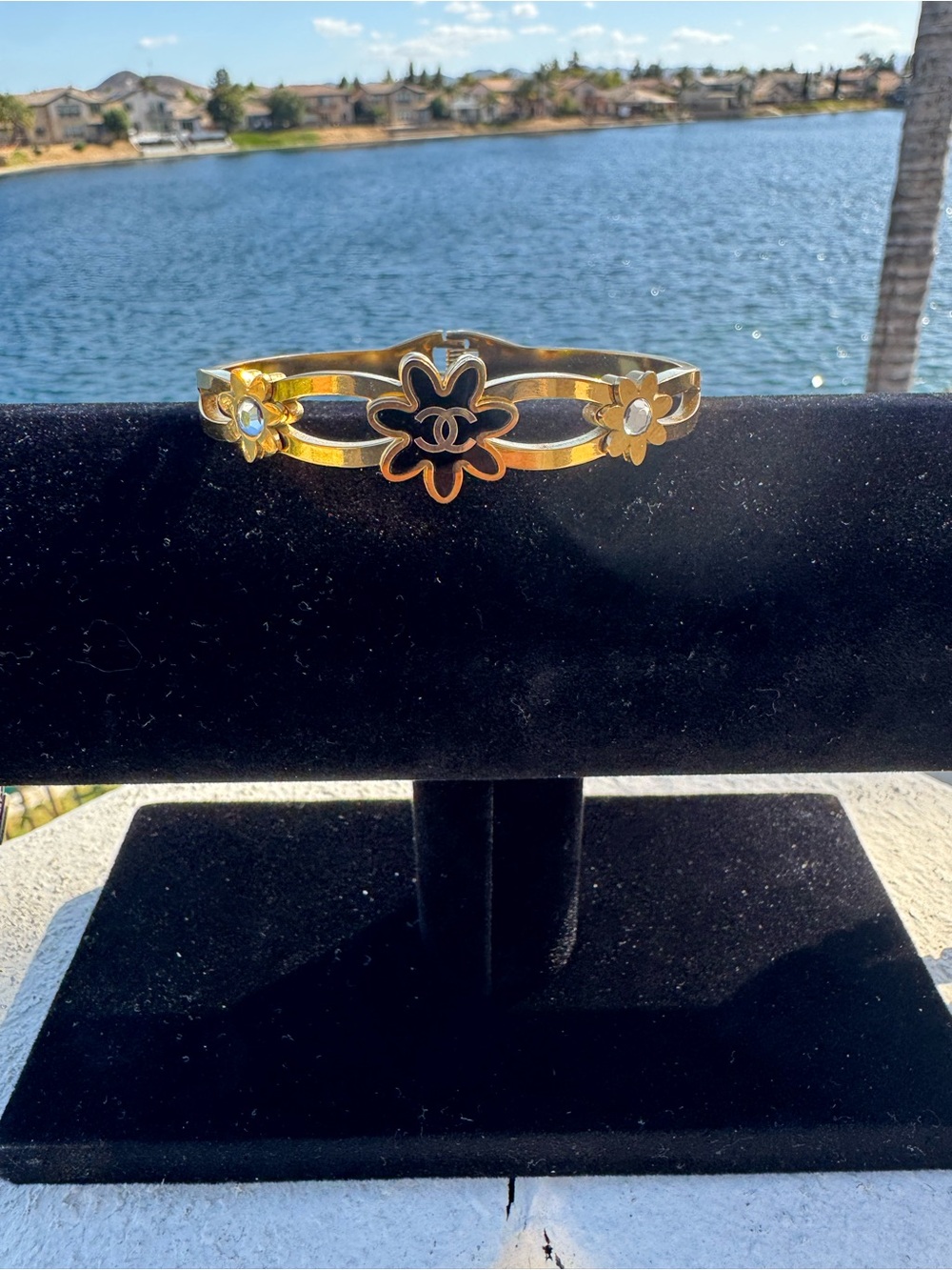Gold CC Floral Bangle Bracelet with Black Accent - Women Jewelry